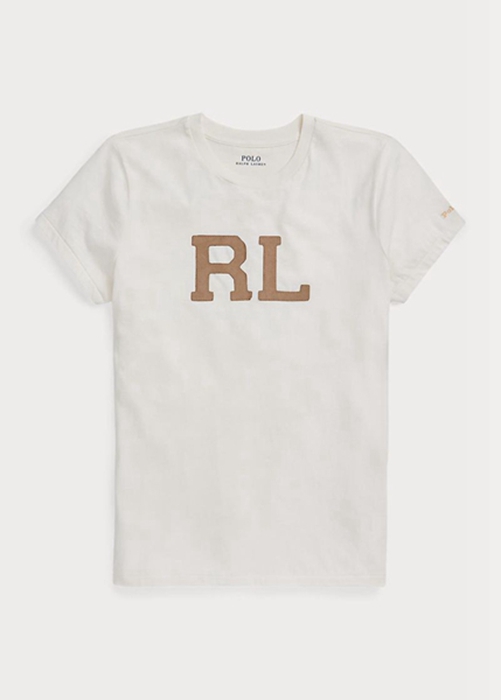 Ralph Lauren Rl-suede-applique Jersey T-shirt Dam Vita | 706421-RZG