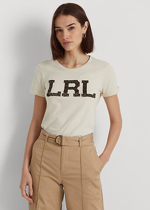 Ralph Lauren Beaded-Logo Jersey T-shirt Dam Grädde | 352870-VAU