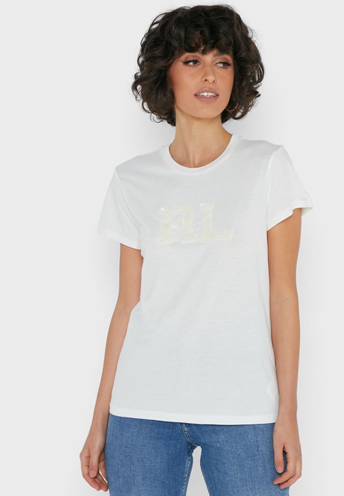 Ralph Lauren Crew Neck Tryck T-shirt Dam Vita | 513096-LRO