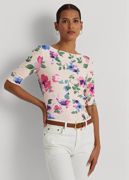 Ralph Lauren Floral Stretch Bomull T-shirt Dam Rosa | 839457-YLM