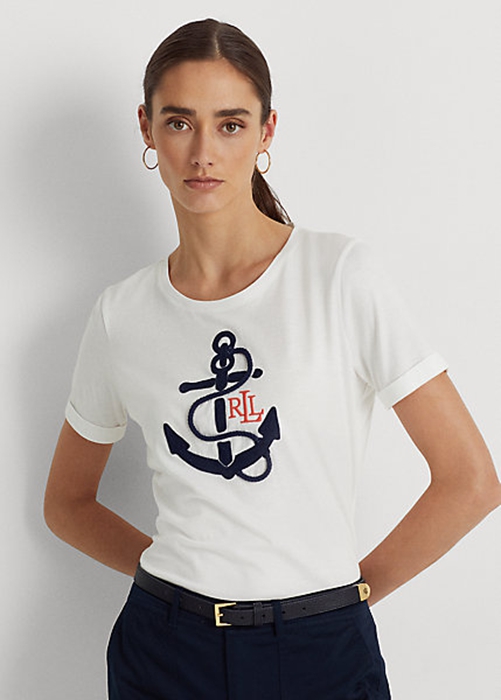 Ralph Lauren Logo-Appliqué Bomull-Blend T-shirt Dam Vita | 518397-DCQ