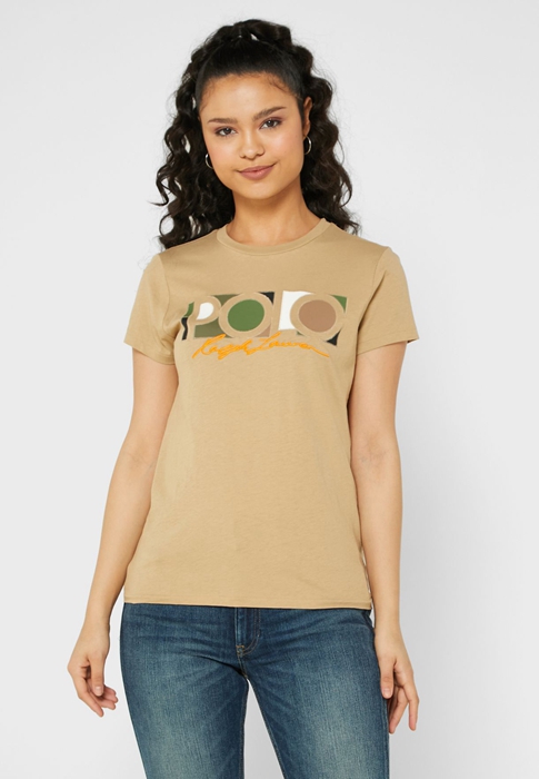 Ralph Lauren Round Neck Tryck T-shirt Dam Bruna | 153407-QUY